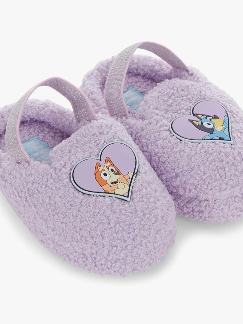 Bluey, Bingo, Kids Plush Slip-On Slippers in Lavender with Character Heart
